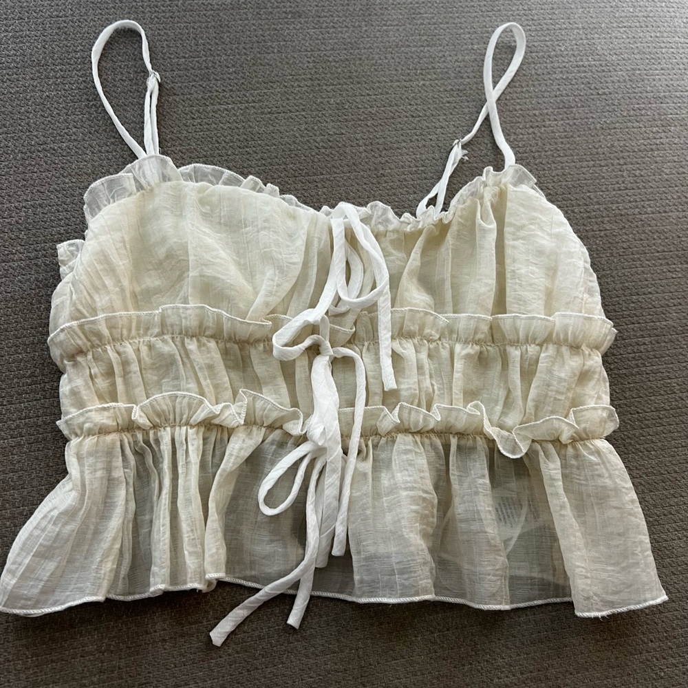 12th Tribe Cream Ruffle Tie-Front Crop Top